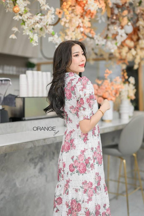 Orange Collar Floral Print Half Sleeves Mid-Length Dresses
